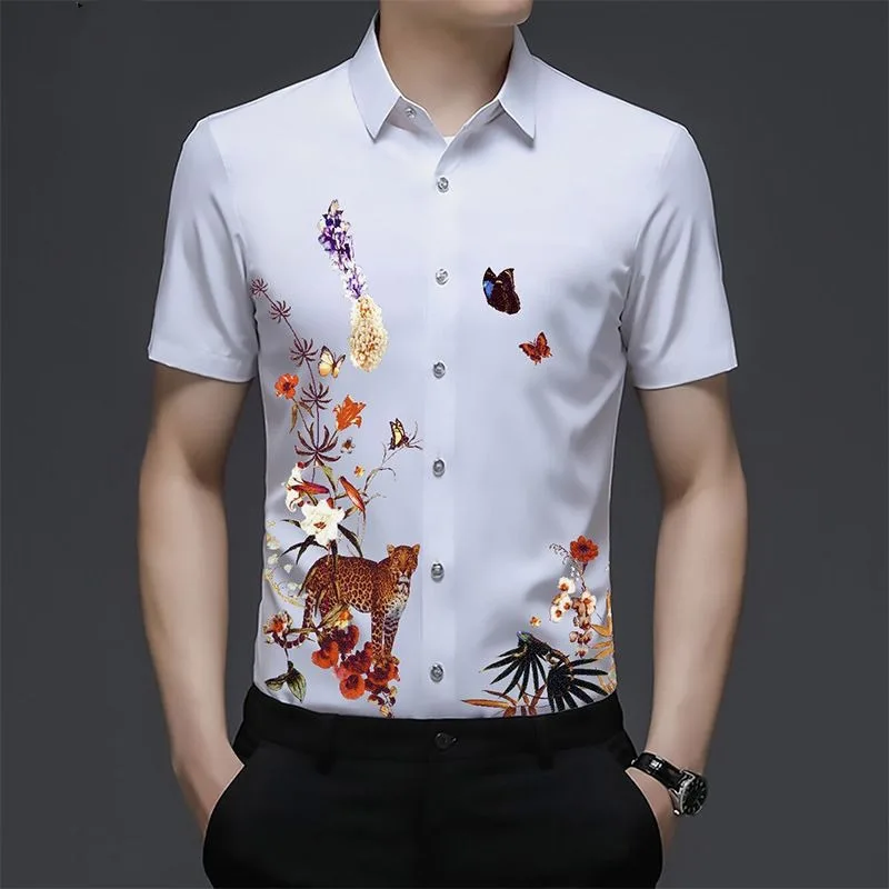 Korean Fashion Summer Men\'s Square Collar Printing Single Breasted Contrast Color Casual Versatile Short Sleeve Loose Shirt Tops