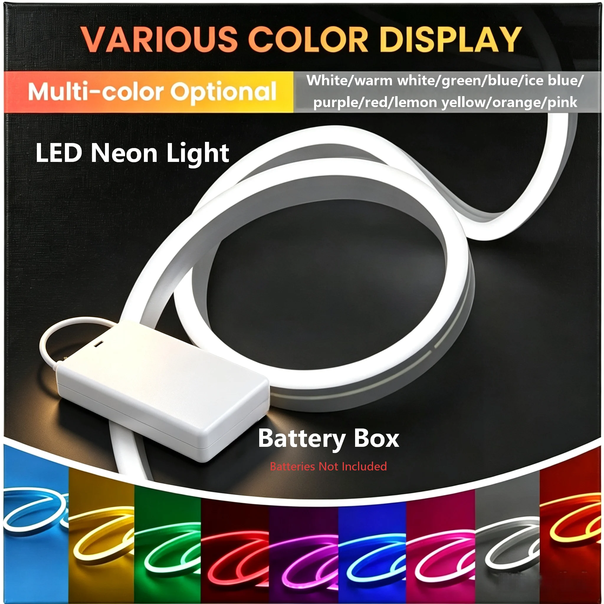 Neon Led Lights with Battery Power (Batteries Not Included), 9-Color Neon String Lights with Battery Box, Flexible DIY Design, Suitable for Neon Holiday Parties, Birthday Decorations, and Indoor and Outdoor Home Decora