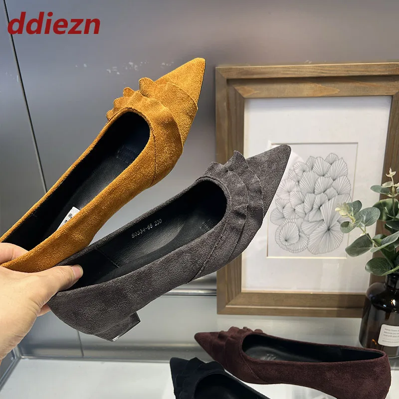 

Новинка 2024 года, модные туфли-лодочки из флока, женские туфли на среднем каблуке с острым носком, женские туфли Мэри Джейн на каблуке, женская обувь без шнуровки