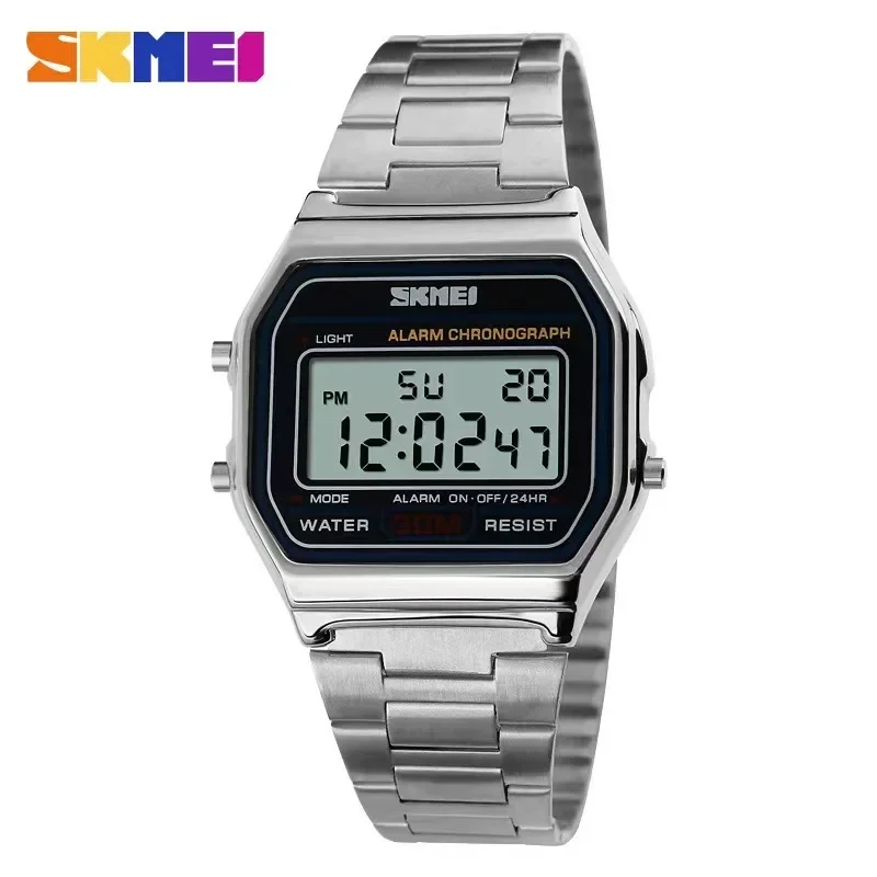 Skmei 3Bar Waterproof Digital Watch Reloj Hombre For Casual Sport 1123 Fashion Men Stainless Steel Strap LED Display Watches