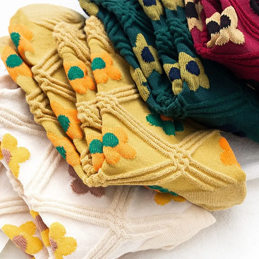 5 paires de chaussettes en coton pour femmes, douces, tendance, brodées, respirantes, mi-tube, bonneterie florale pour filles, chaussettes à fleurs d'automne pour femmes