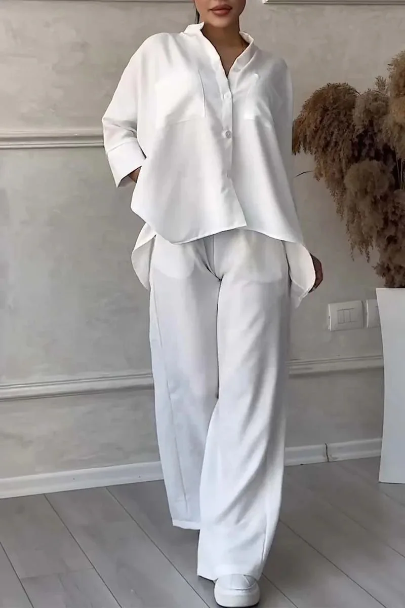 Summer Casual White Two Piece Set For Women Loose Lace Up Button 3/4 Sleeve Shirt Lace Up Wide Leg Pants 2 Piece Women Suit