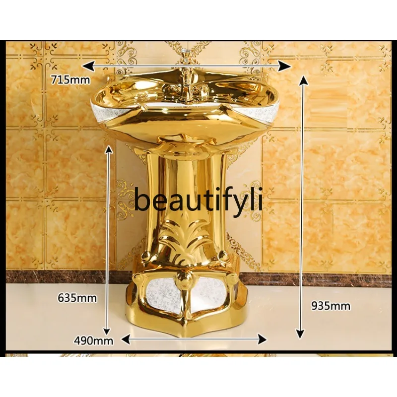

European-style Artistic Bar Floor-standing Wash Basin Ceramic gold Two-piece Washstand Basin