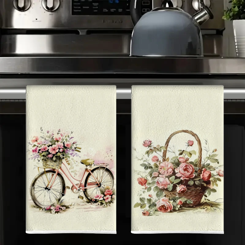 2Pcs, Flower Cart + Rose Basket Kitchen Towels, 40Cm*60Cm Towel Set, Super Absorbent Soft Cleaning Cloth, Cooking and Baking Tea Towel, Hand Towel, Cleaning Cloth, Dishcloth, Kitchen Decoration, Living Room Decoration, Kitchen Essentials, Home Essentials