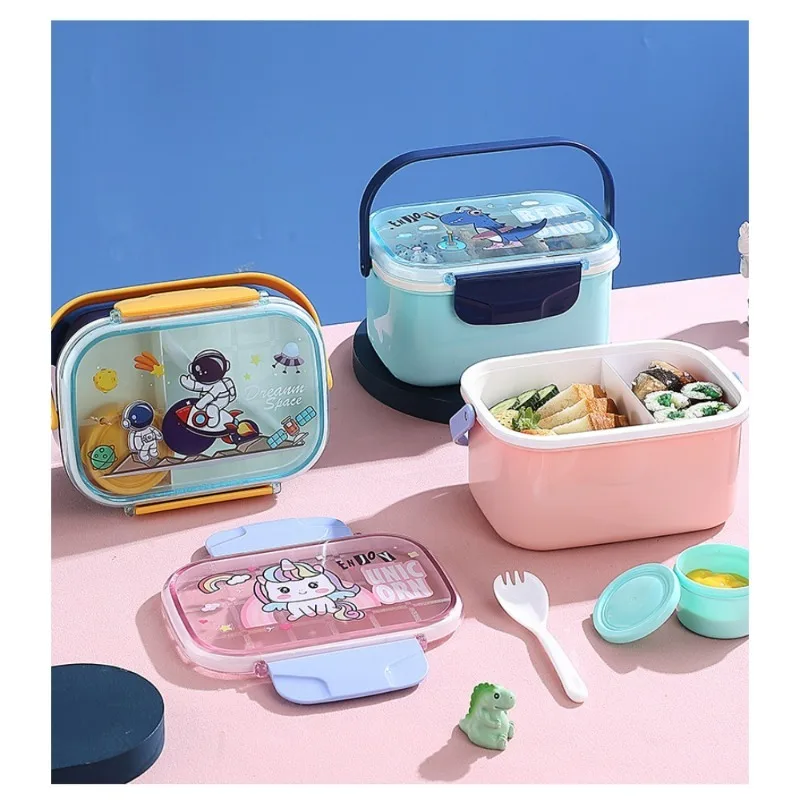 

Cartoon Design Leak-proof Lunch Box Multi-compartment Bento Container with Dip Cups Spoons Ideal for Outdoor and Fruit Storage