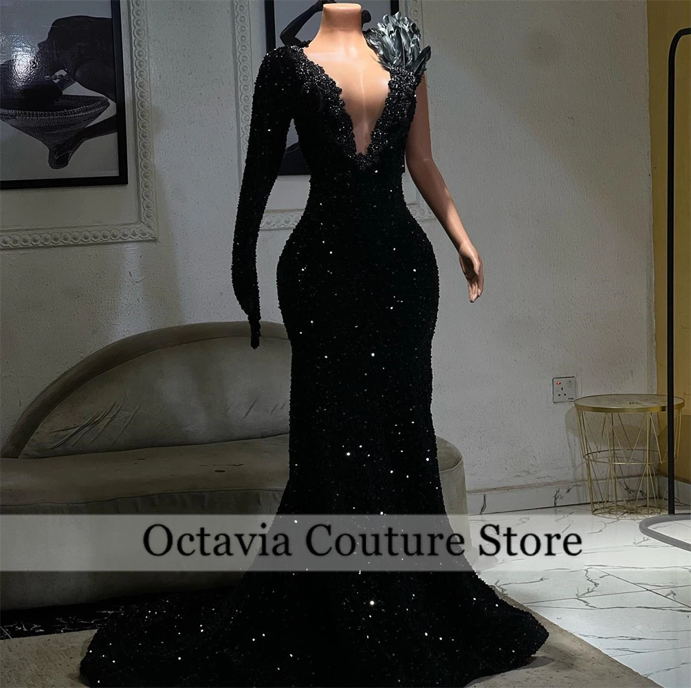 

Sparkly Black Sequin Dubai Evening Dresses Feather Luxury Dress Women 2024 One Shoulder Mermaid Party Gown Customized