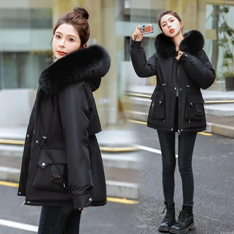 Women Winter Jacket Parka Clothes Loose Coat Wool Liner Hooded Jacket Fur Collar Warm Thick Snow Wear Oversize Padded Parka