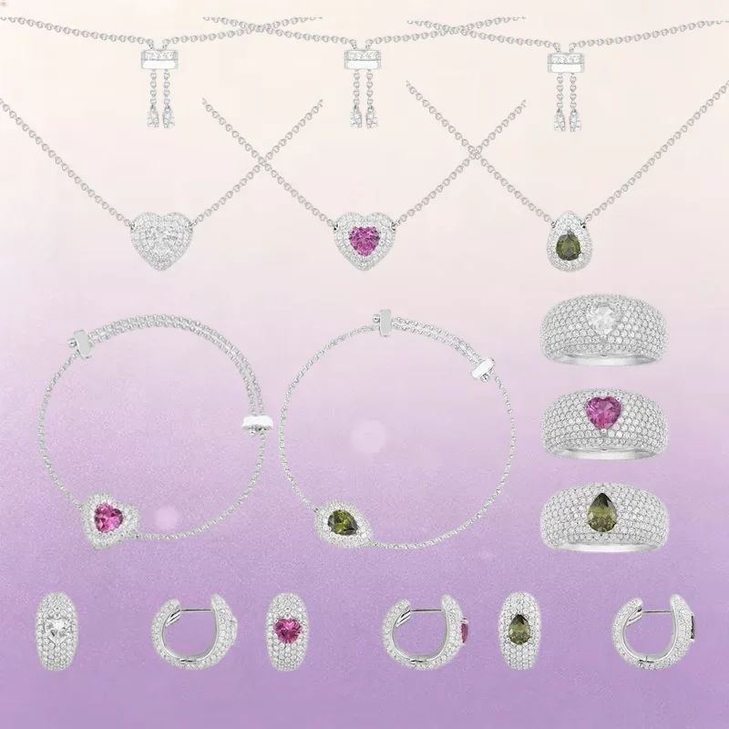 ZPFF S925 Plata Blanco Rojo Verde Anillo, Pendientes, Pulsera y Collar con Forma de Corazón y Gota de Agua para Mujer, Joyería Dulce para Bodas y Fiestas