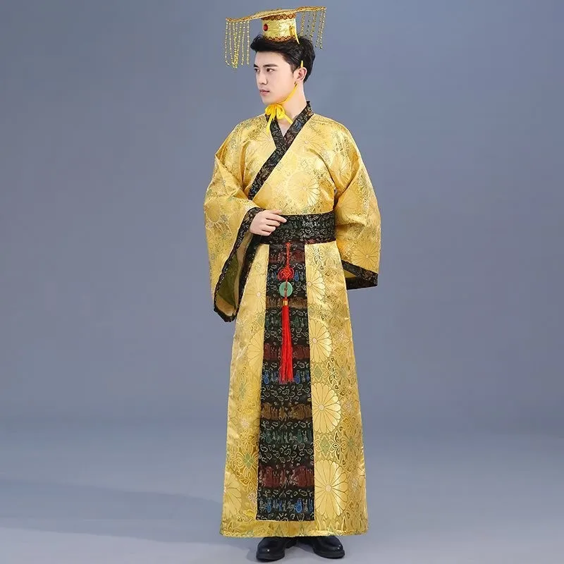 Disfraz Hanfu antiguo para hombre, traje de actuación para adultos, príncipe, dragón, Túnica de la dinastía Han, ropa de Emperor, Cosplay, amarillo