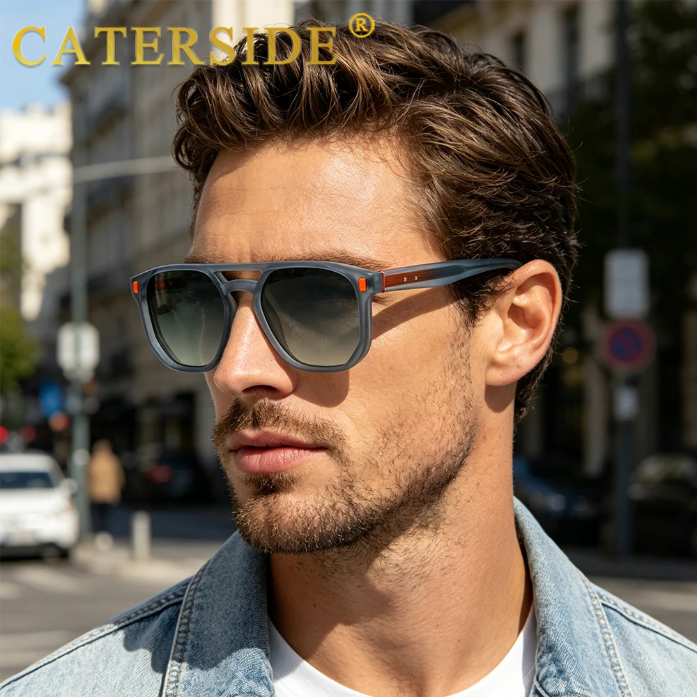 CATERSIDE Retro Herren Piloten-Sonnenbrille mit Flachem Oberteil und Doppelbrücke, Farbverlauf-Sonnenbrille für Damen, Outdoor-Reise-Sommerbrille – Detail 2