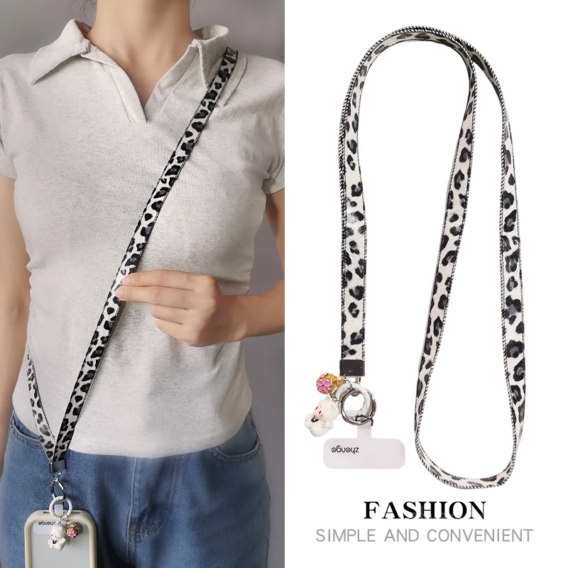 

Women's Long Wide Leather Leopard Print Crossbody Lanyard with Side Carrying Strap for Outdoor Anti-Loss Fashion