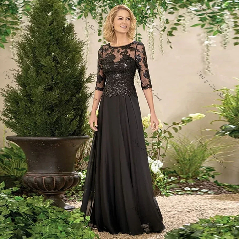 

Customized Chiffon Mother Of The Bride Dresses O-Neck Sequined Lace Appliques A-Line Prom Gown Black 3/4 Sleeve Long Wedding Par