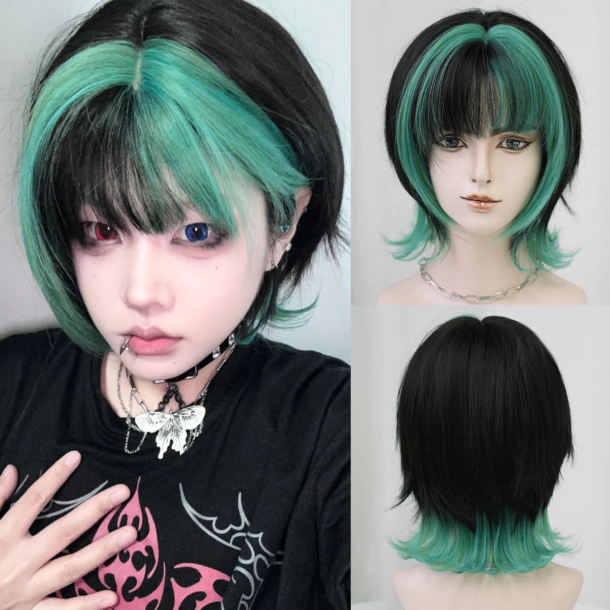 Pelucas 7JHH, Peluca Corta y Lisa Negra con Degradado Verde para Mujer, Sintética, Moderna, Lista para Usar, Pelucas Bob con Flequillo Recto