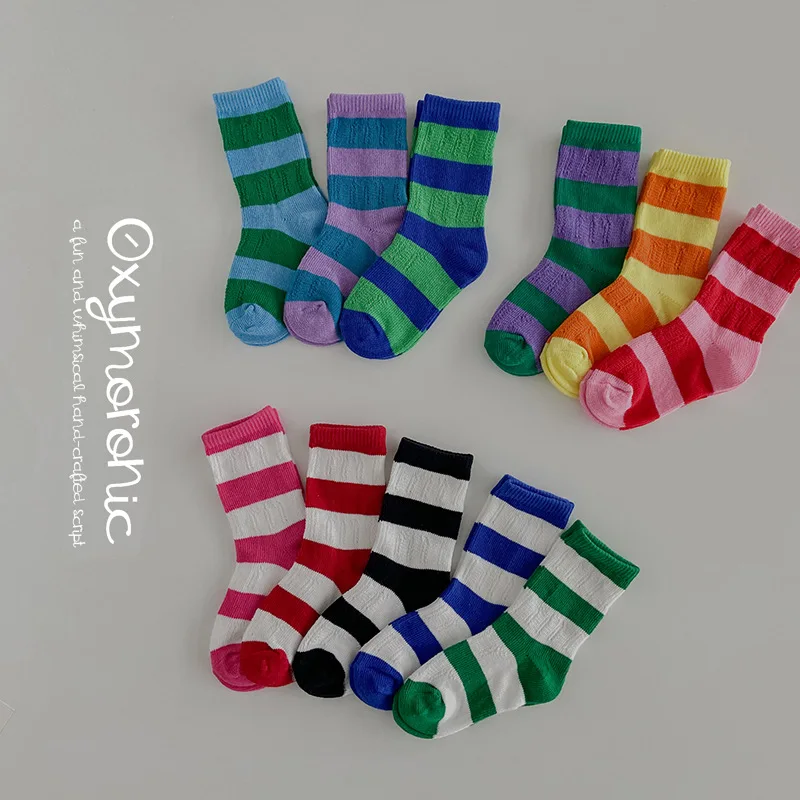 Little Girls Socks Mixed Color Calf Length Baby Thin Mesh Socks Classic Striped Patern Cotton Socks Fashion Children Socks