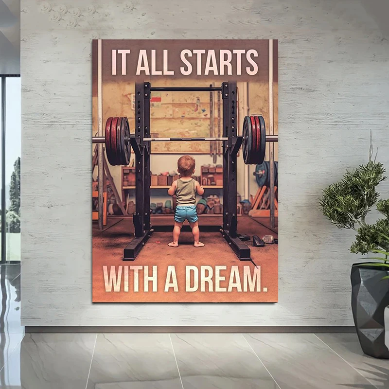 

IT ALL STARTS WITH A DREAM Motivational Posters and Prints Fitness Barbell Wall Art Canvas Painting for Living Room Home Decor