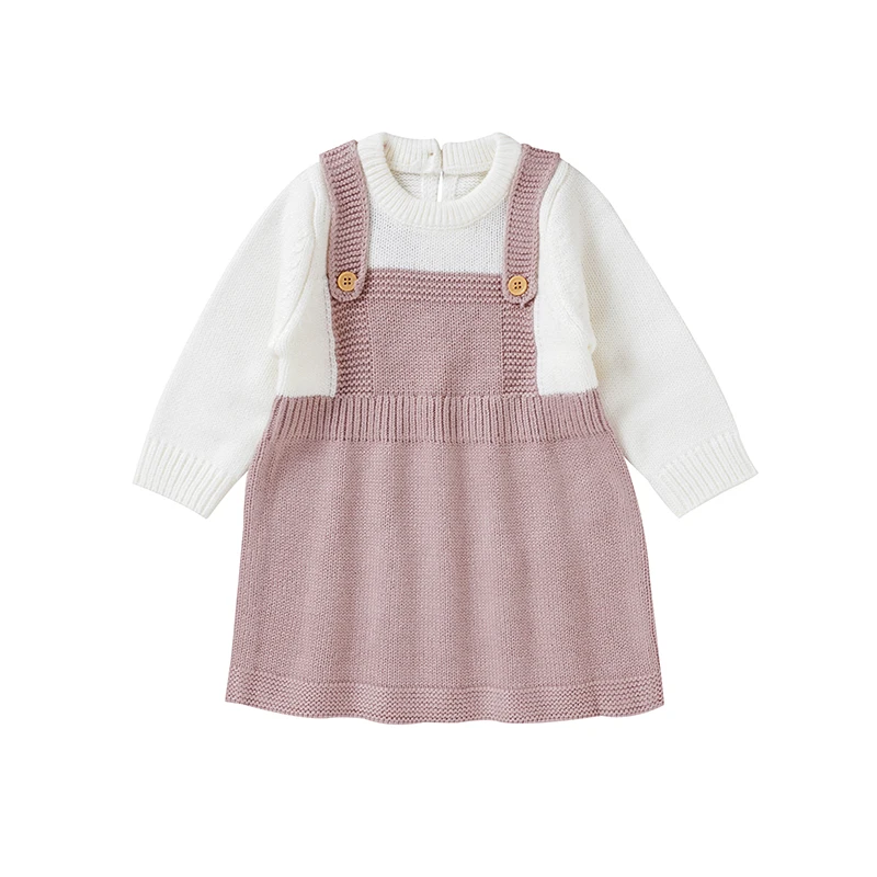

Solid Color Long Sleeve O-neck Knitted Acrylic 0-18 Months Newborn Baby Girls Dresses Soft Infant Pleated One-pieces Dresses