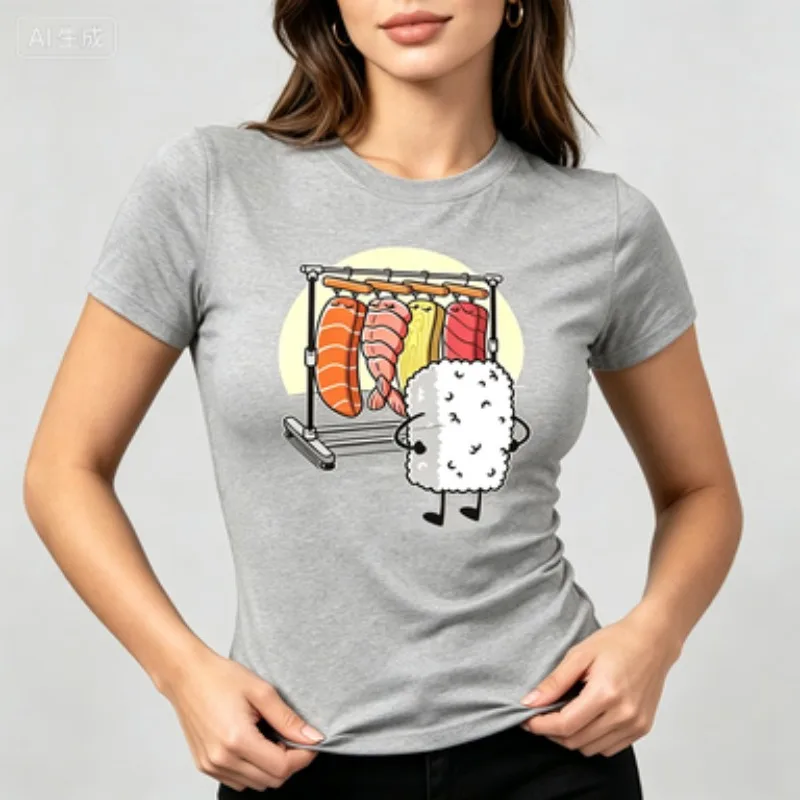 Womens 100% Cotton Tshirt Funny Sushi Rice Cartoon Graphic Tee Short Sleeve Crew Neck Cute Seafood Foodie Casual Daily Shirts