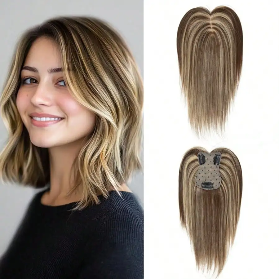 Haartopper mit 3 Clips, 7 x 11 cm, unsichtbare Spitzenbasis, Echthaar, ohne Pony, 25 cm lang, natürliche Haartopper für Frauen, einteiliger Topper für dünnes Haar, atmungsaktiv, ohne Kleber, einfach