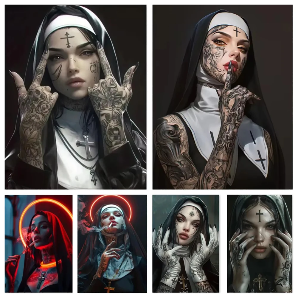 Fashion Girl Tattoo Nun Canvas Poster Wall Art Vintage Elegant Canvas Printing For Living Room, Bedroom And Home Decoration