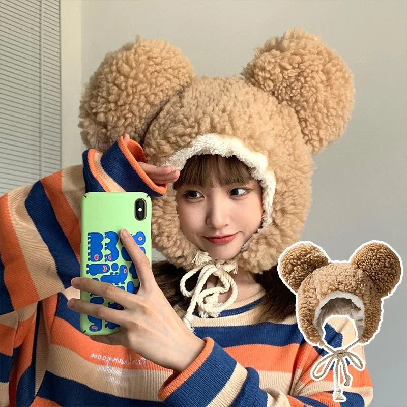 قبعة كبيرة الأذن للنساء سميكة خروف أفخم حماية الأذن قبعة لطيف الدب غطاء للأذنين قبعة الكورية فتاة تزلج الشتاء الدافئة القبعات