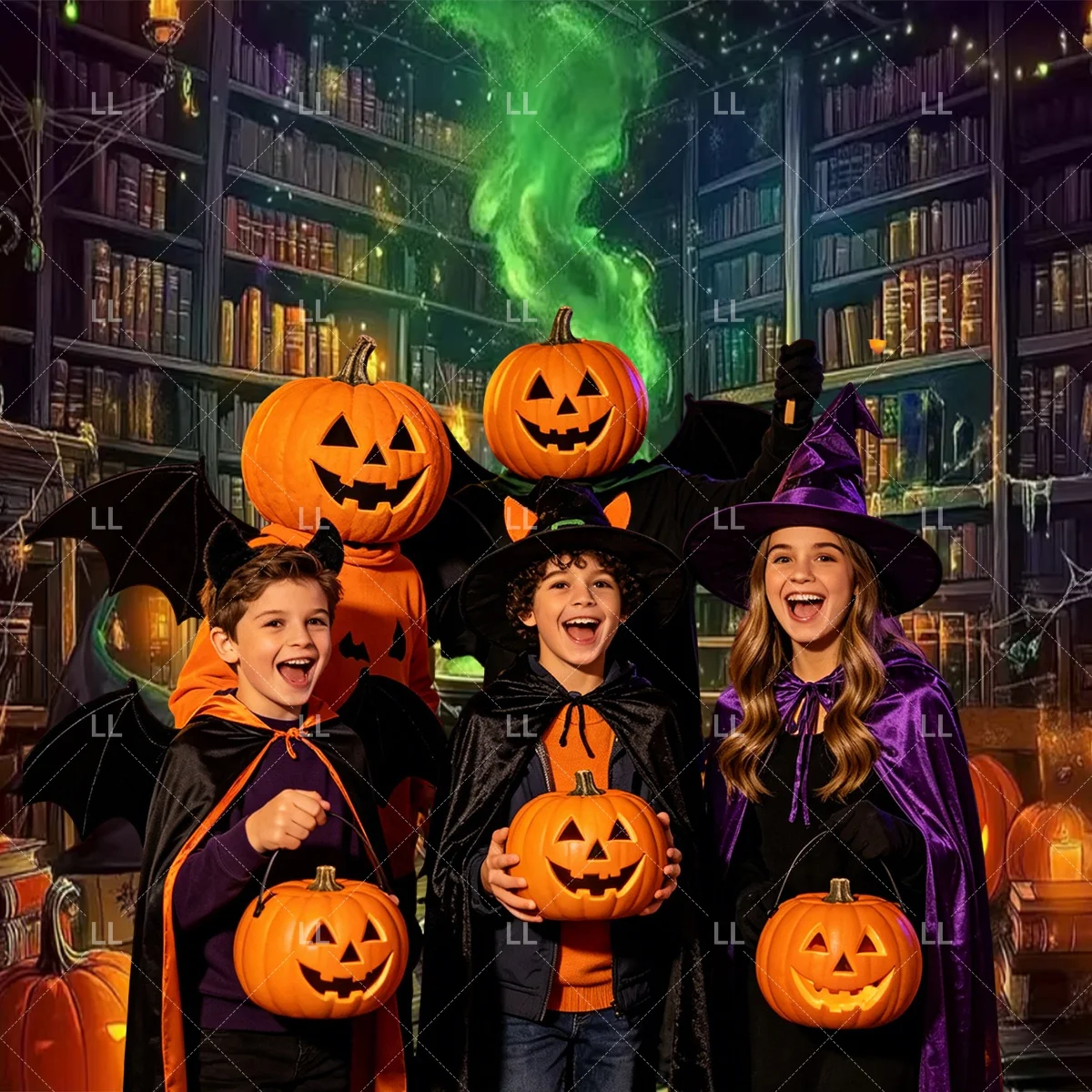 Magic Bookshelf Library Background Vintage Magic Potion Crystal Ball Skull Wizard Study Halloween Party Decoration Backdrop Prop