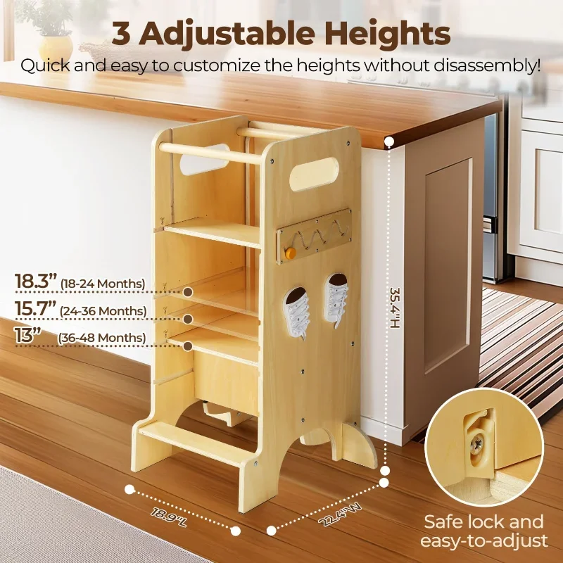 برج طفل صغير 4 في 1 مساعد مقعد مطبخ للأطفال الصغار برج قائم قابل للتعديل لطاولة المطبخ مع لوح أمان، منزلق، Ch