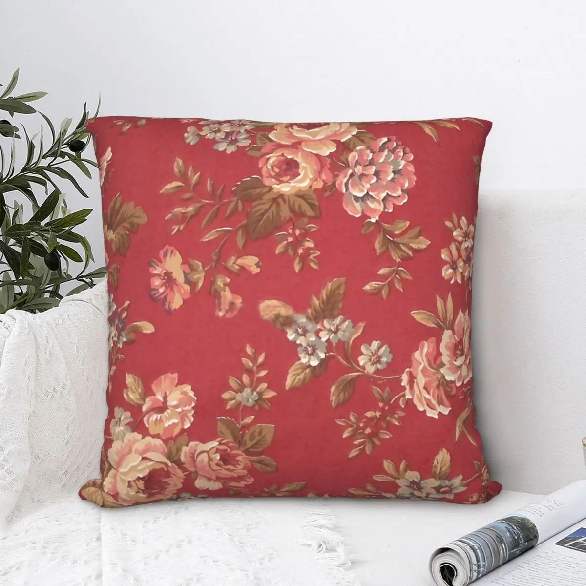 Vintage Elegant Girly Pink Red Blue Brown Roses Throw Pillow Case Floral Flowers Backpack Coussin Case Washable For Chair Decor