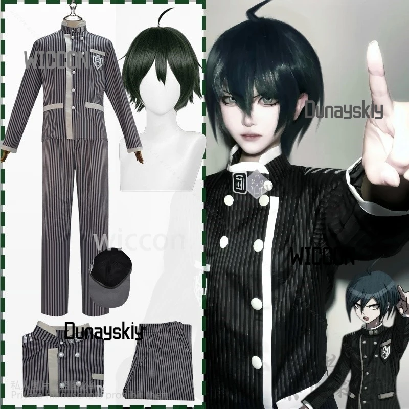 

Anime Game Danganronaaa Cosplay Saihara Shuichi Costume Detective Stripe Uniform Hat Dark Green Wigs Halloween Party Customized