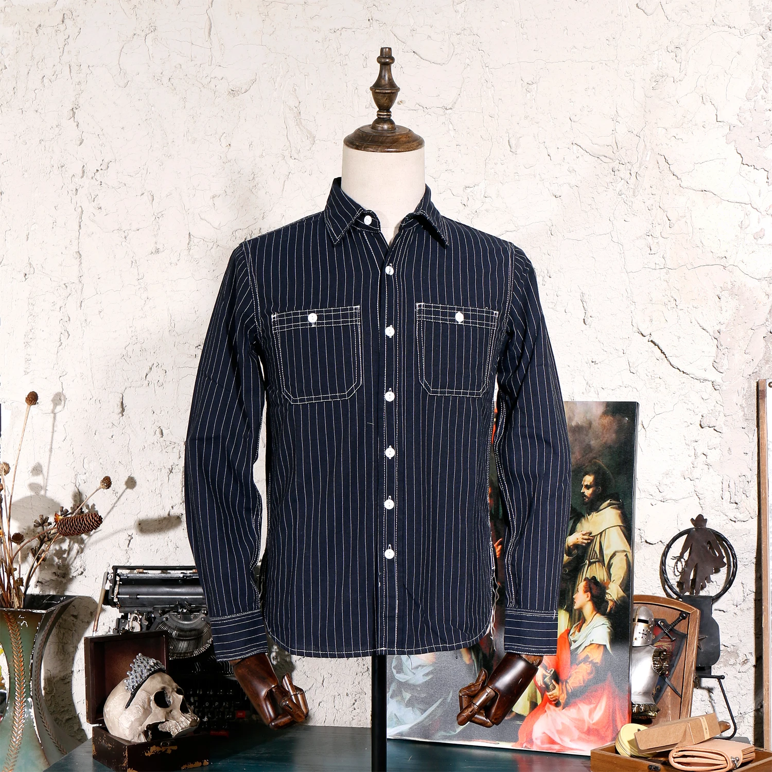 

Tailor Brando Cotton Striped Men's Shirts American Retro Men's Workwear Long-sleeved Shirts