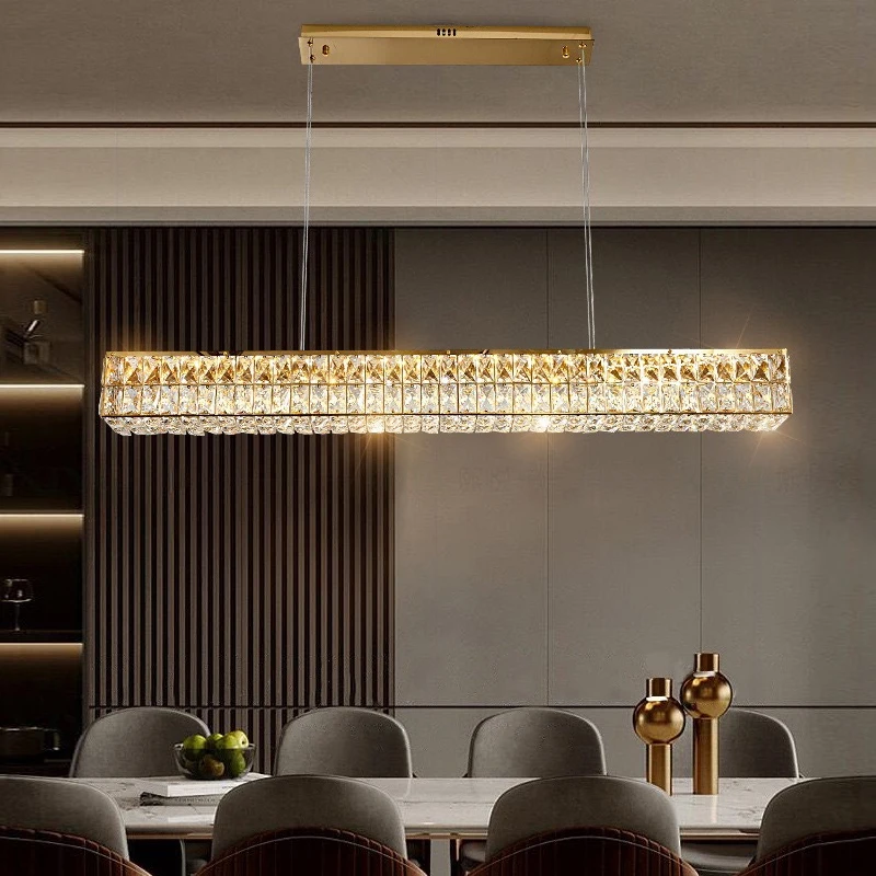 Led lustre de cristal para sala de jantar moderno longo pendurado lâmpada luxo ouro casa decoração luminária retângulo lustre cristal