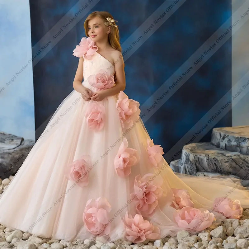 Vestido de Fiesta Largo Rosa de un Solo Hombro con Flores para Niña, Vestido de Primera Comunión y Boda con Encaje hasta el Suelo de Angel Novias