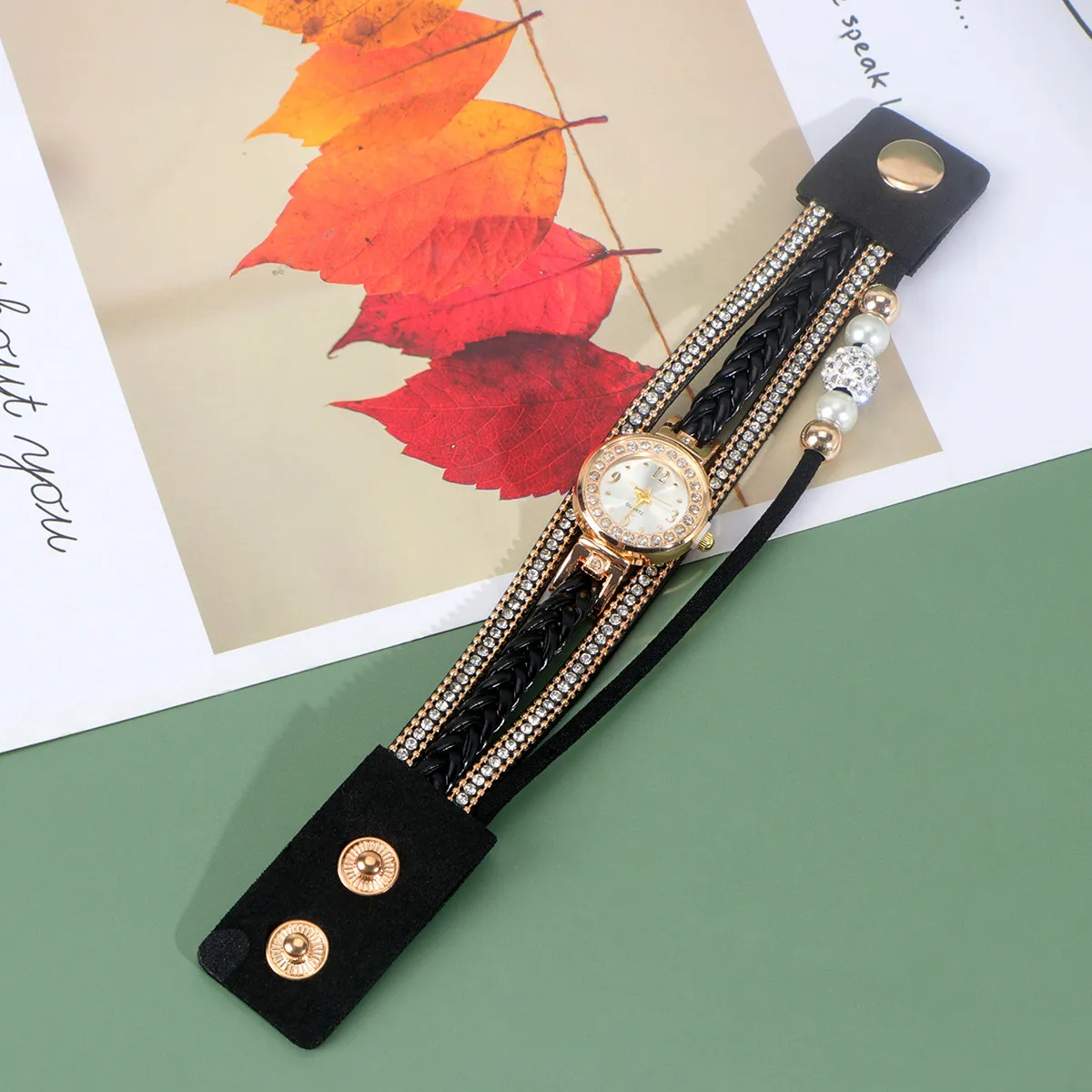 

Женские часы с инкрустацией стразами, черный плетеный браслет, кварцевые наручные часы, модные креативные женские часы, водонепроницаемые