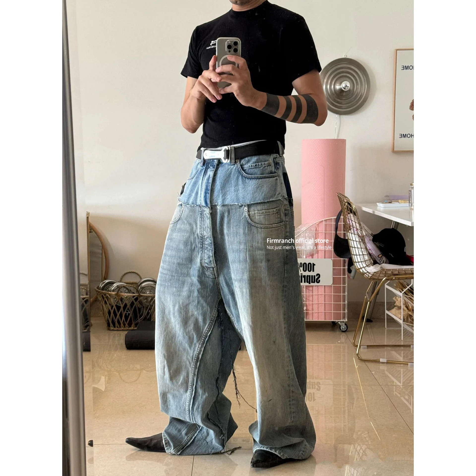 Firmranch New CUT-UP Double-layer Double-waist Splicing Baggy Jeans For Men And Women Blue Cat Whisker Wreck Baggy Denim Pants