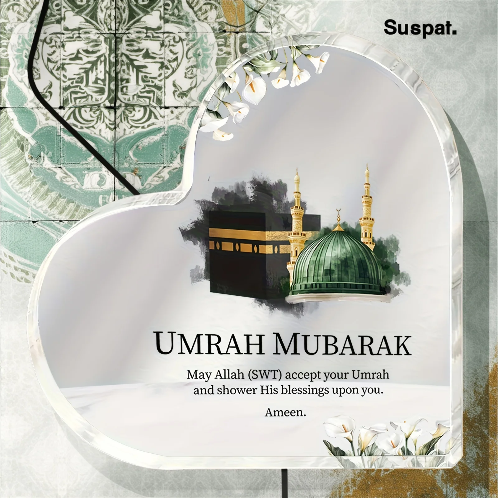 Umrah Mubarak Heart‑Shaped Acrylic Plaque Kaaba Mosque Floral Islamic Desktop Decor Heart Acrylic Stand Umrah Mubarak Gift, Floral Ornament Muslim Pilgrimage Keepsake Present