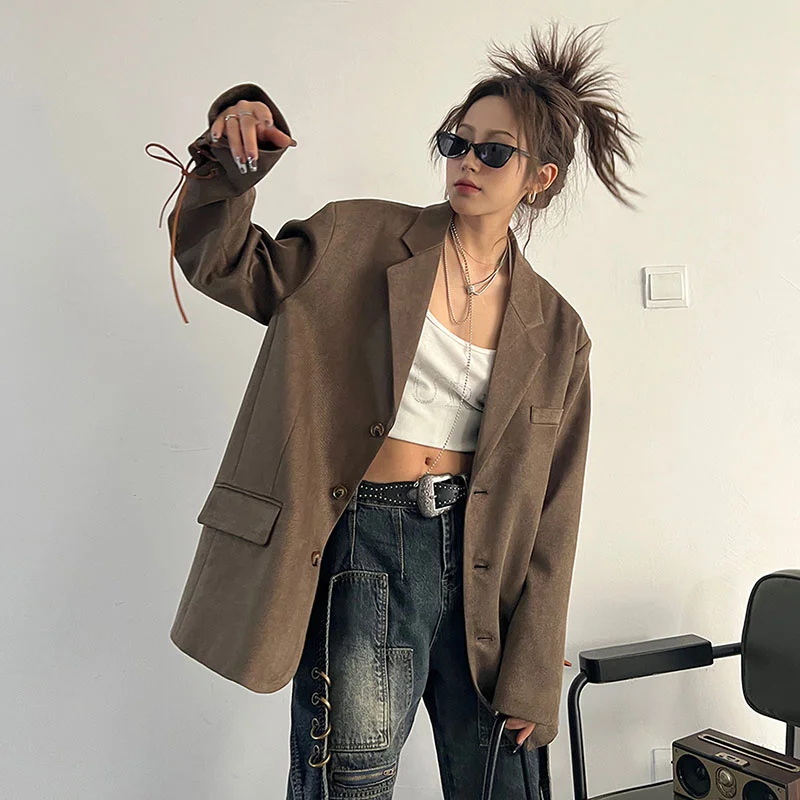 Spring Autumn Women Casual Coffee-color Suit Jacket Chic Cuff Lace-up Loose Notched Collar Long Sleeve Blazers Female Streetwear