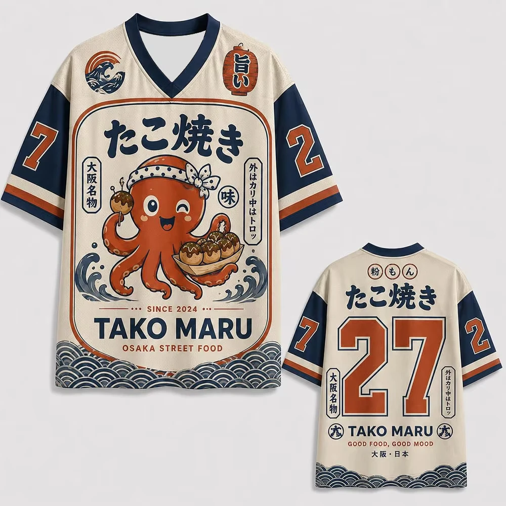 New Unisex Cartoon Octopus Takoyaki Jersey Tee Retro Japanese Snack Food Printed V‑Neck Short‑Sleeve Hip Hop Street Casual Tops view 2