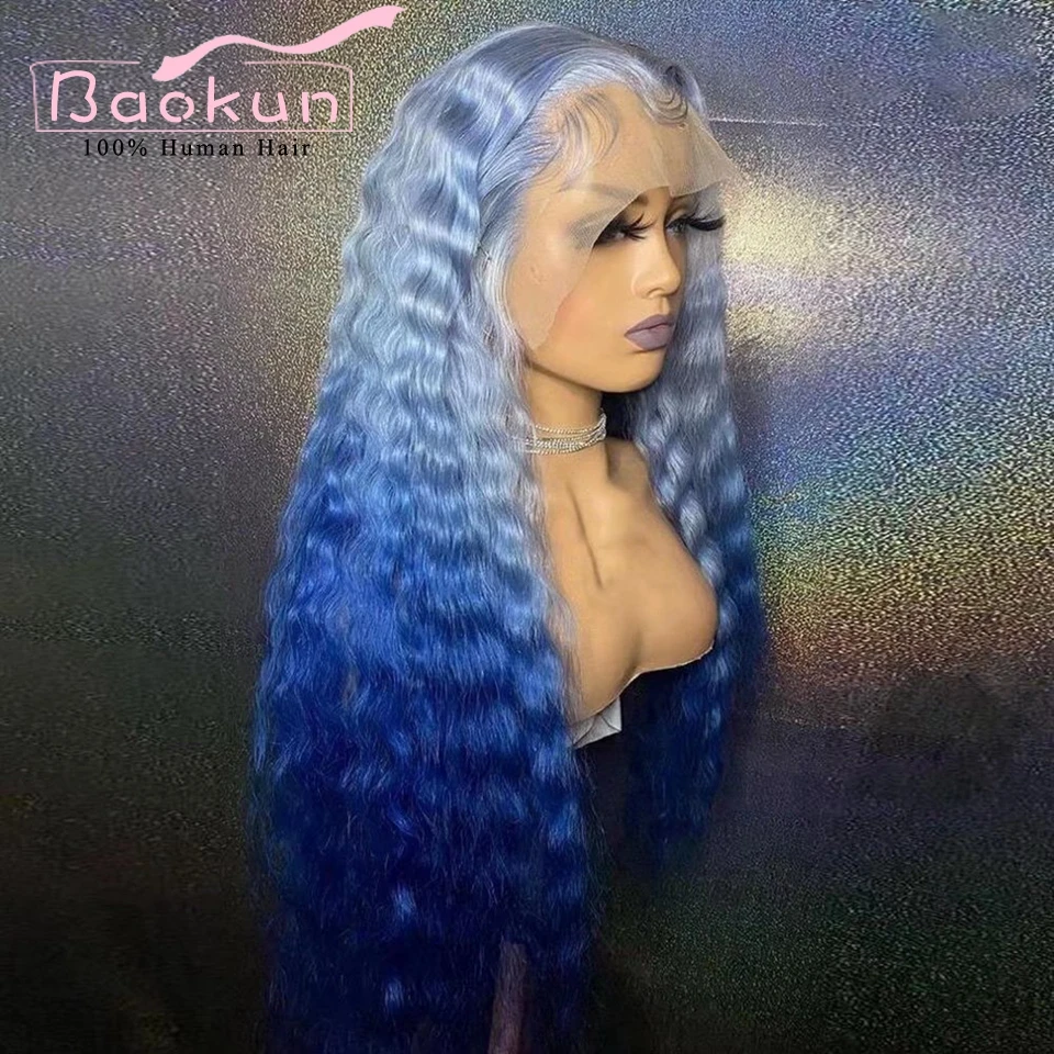 Transparent Blue Deep Wave Frontal Wig 13x6 HD Lace Front Human Hair Wigs 200 Density Glueless 13x4 Human Hair Lace Frontal Wig