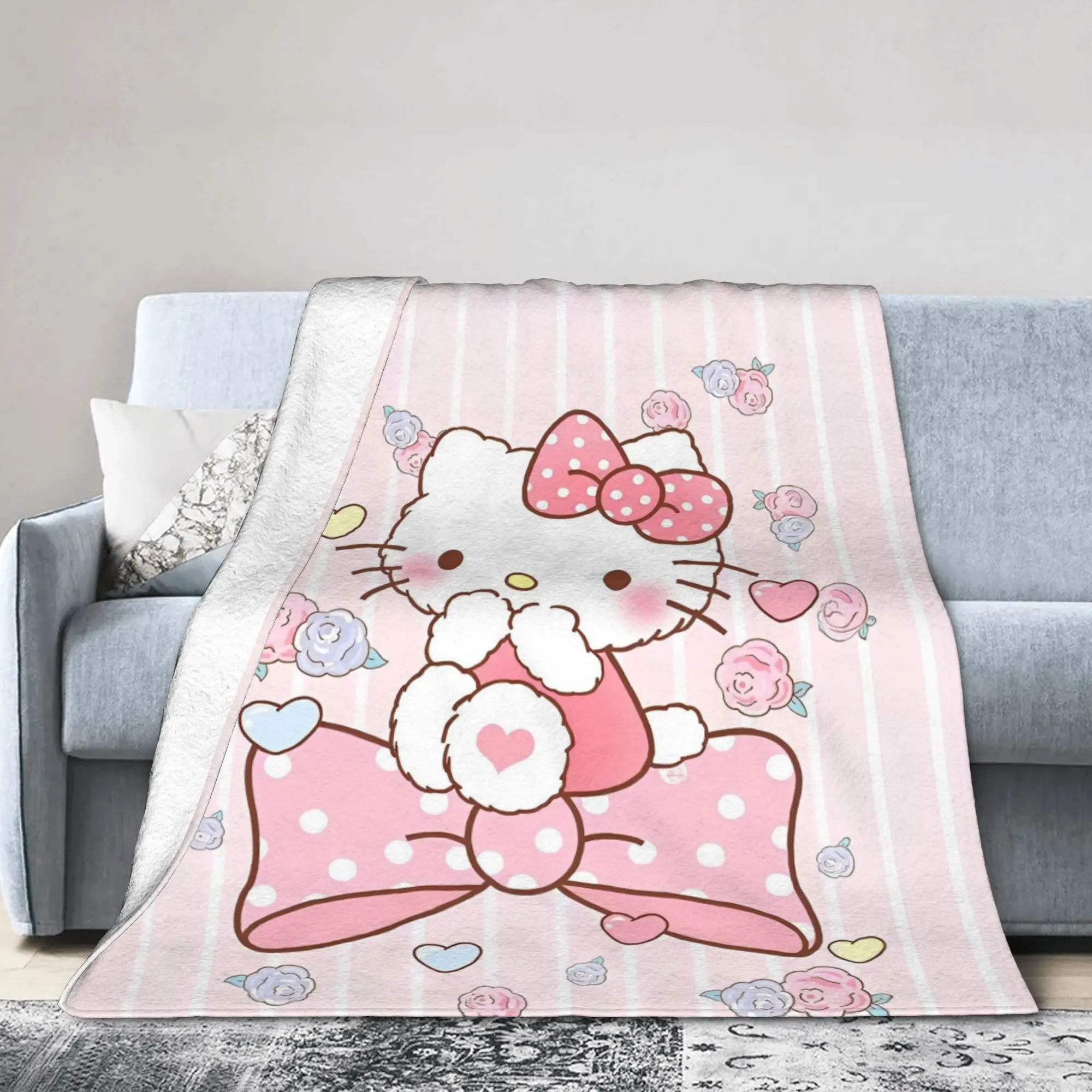 Preciosas mantas rosas de Hello Kitty con estampado polar, manta fina ligera multifunción para ropa de cama, alfombra de oficina