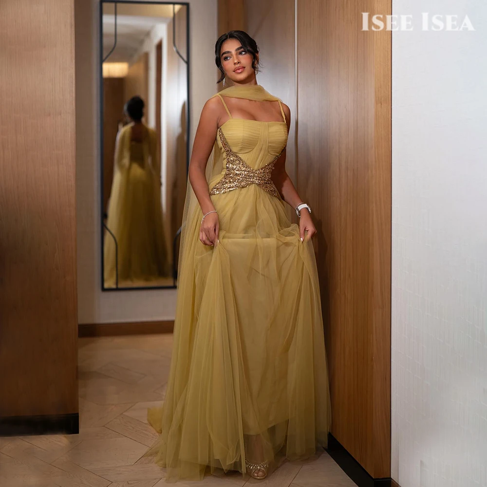 ชุดราตรีสีเหลือง 2025 ผ้าทูลล์วิบวับ ทรงเมอร์เมด ประดับคริสตัล สายเดี่ยว ชุดราตรีงานพรอม คอเหลี่ยม ชุดไปงานแต่งงาน สามารถสั่งตัดได้