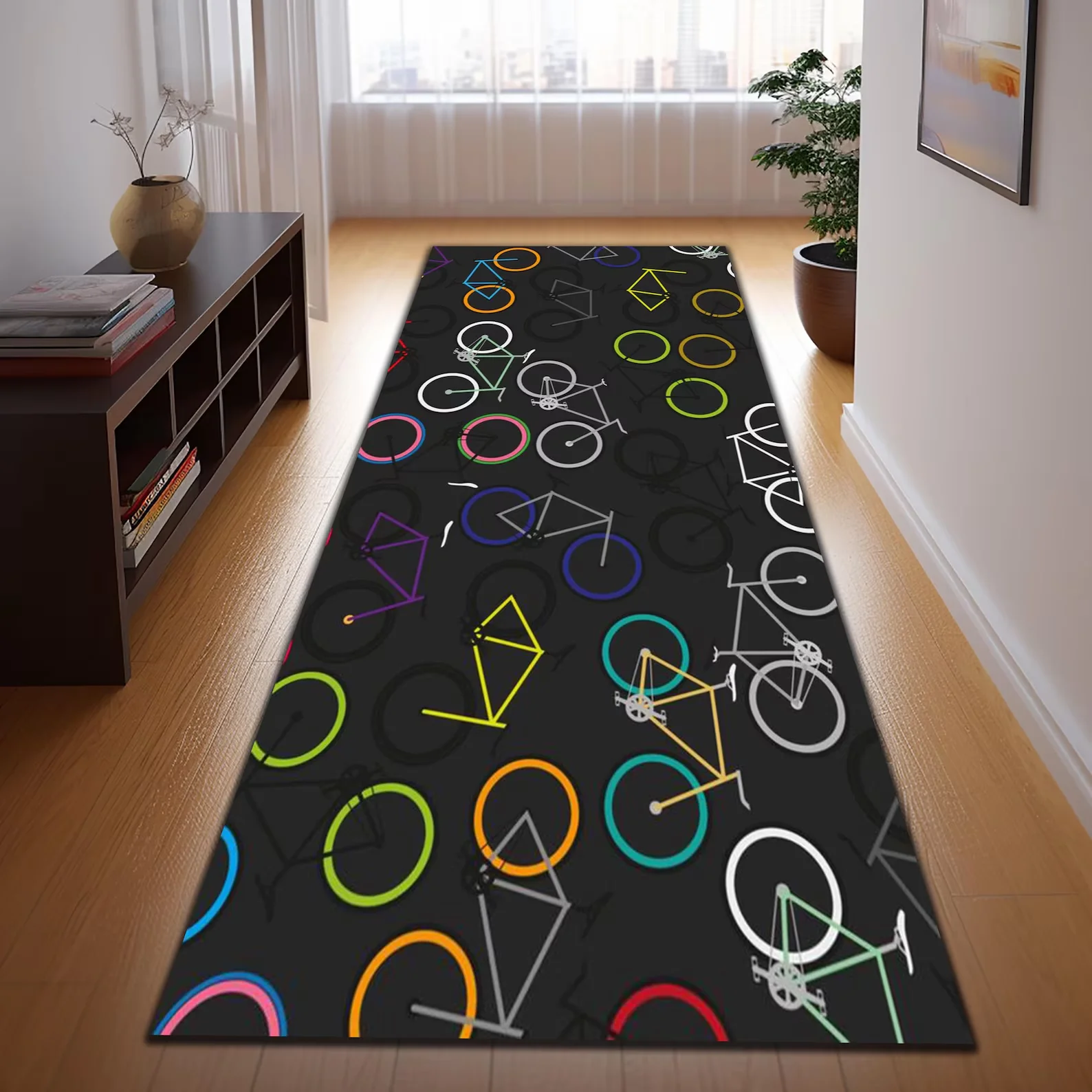 Long Runner Rug Colorful Bicycle Print Non Slip Washable Hallway Floor Mat Carpet Minimalist for Kitchen Laundry Entryway