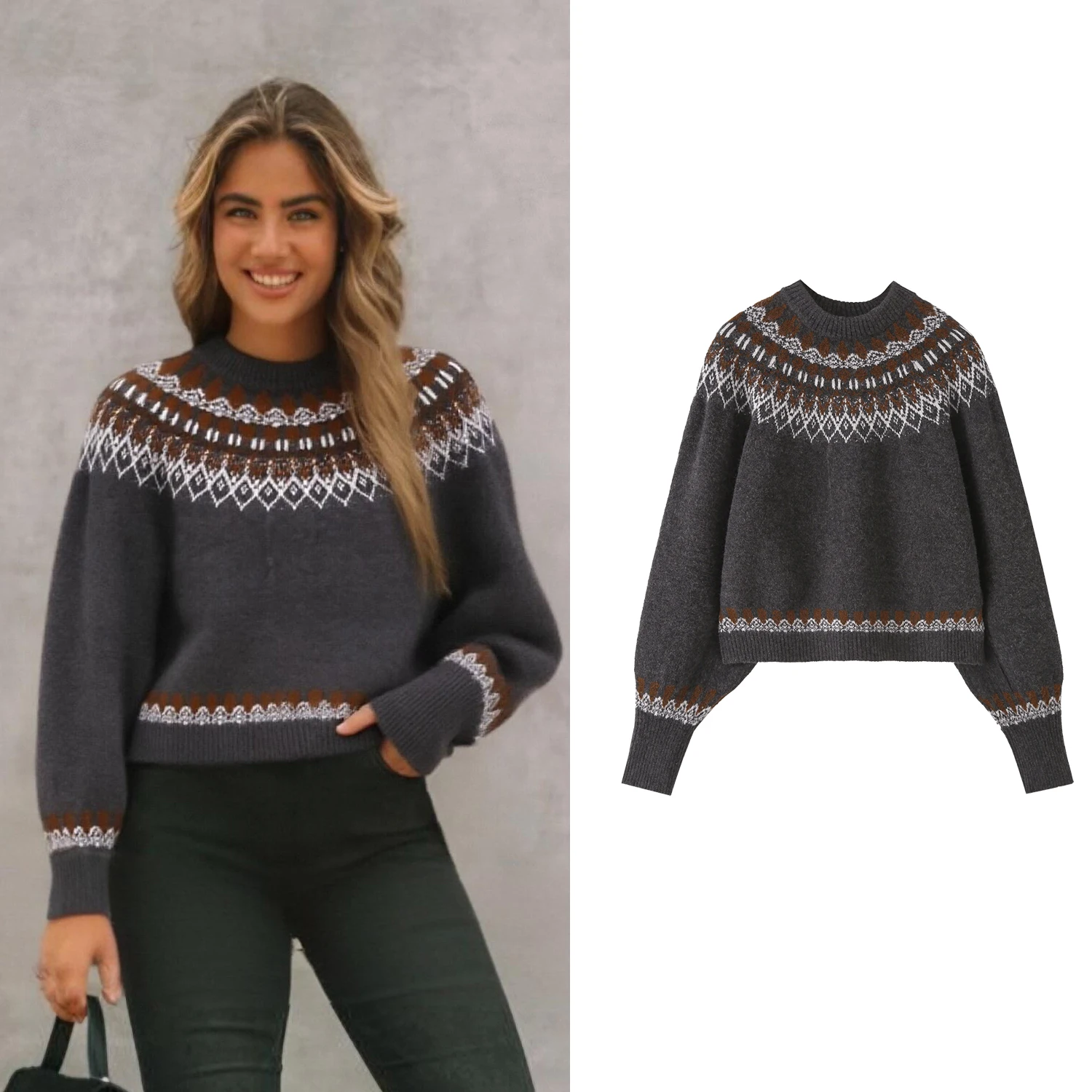 

Women O-Neck Knitted Sweater Fashion Jacquard Fair Isle Craft Casual Long Sleeved Pullover Lady Sweater Knitted Tops Streetwear