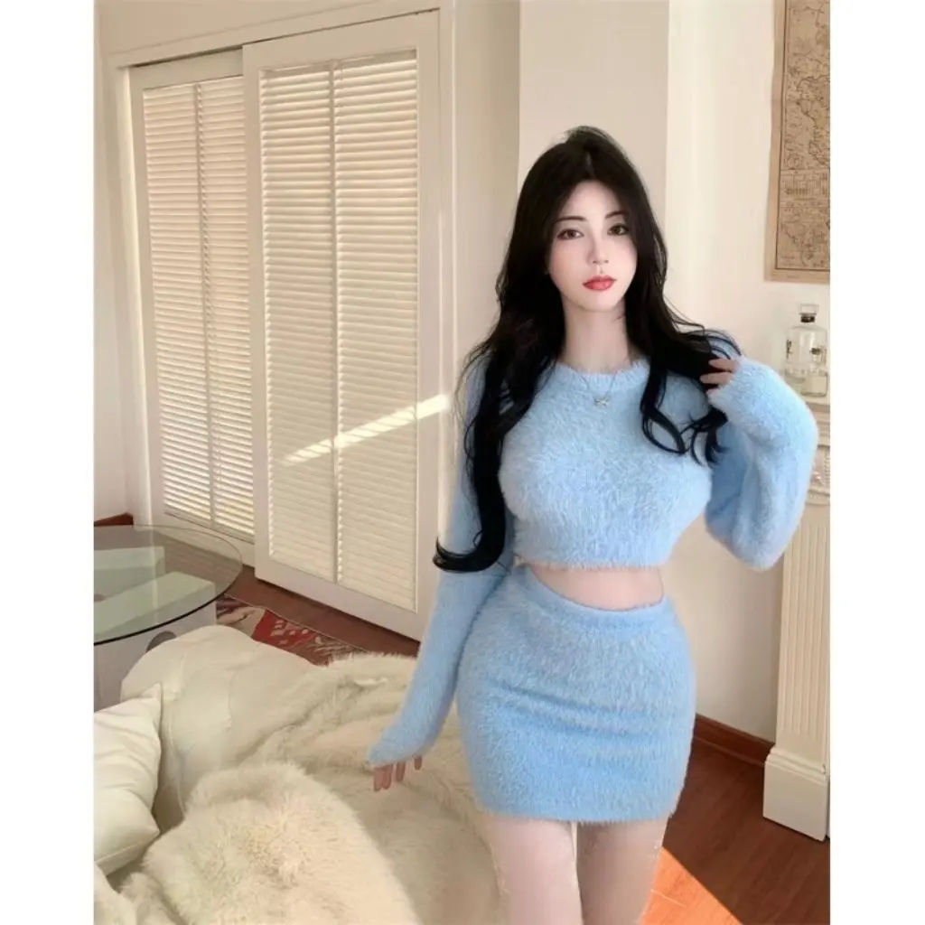 Maglione lavorato a maglia slim fit stile coreano e gonna aderente Set in due pezzi Elegante intimo snellente per l'autunno/inverno