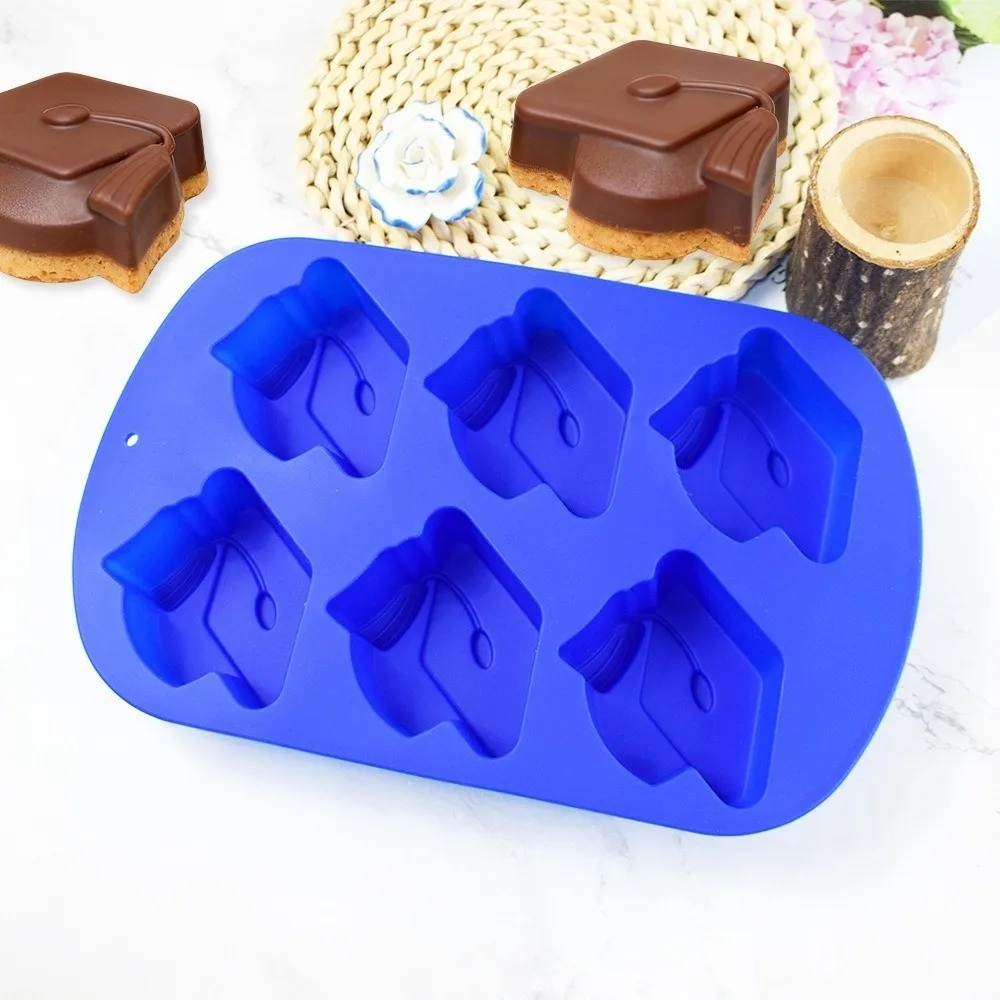 Baking Tool 6-Cavity Silicone Mold 3D Reusable Graduation Hat Mold Non-Stick Flexible DIY Candle Mold Baking Decorating