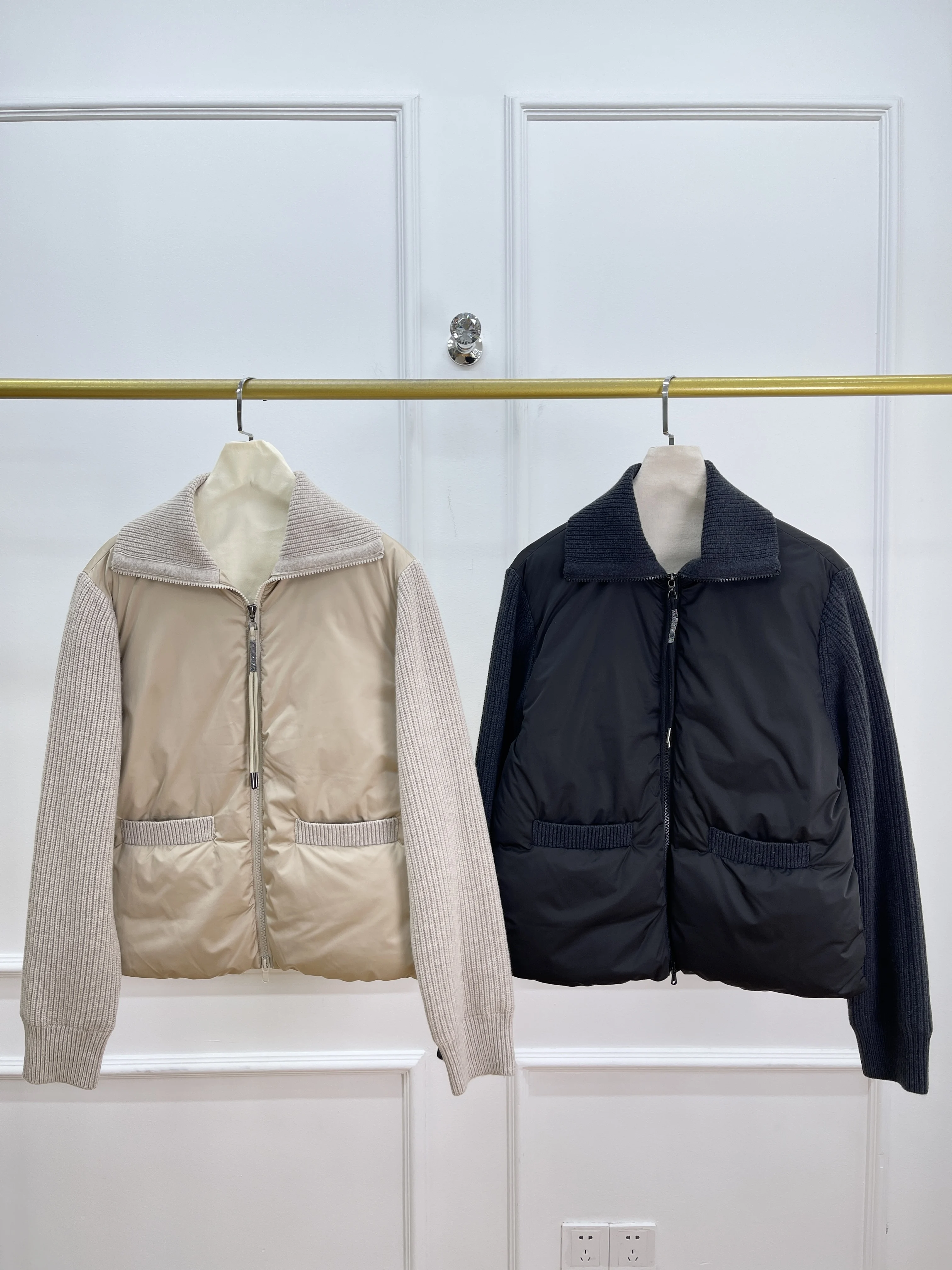 여성용 2025 가을 겨울 신상품 고품질 대형 라펠 지퍼 구스 다운 재킷 양모 혼합 소매 따뜻한 재킷