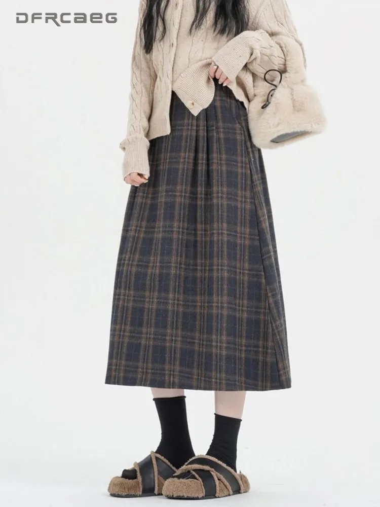 American Retro Woolen Blend Plaid Midi Skirt For Women Elastic Waist Classic Winter Thick A-Line Skirts With Pocket
