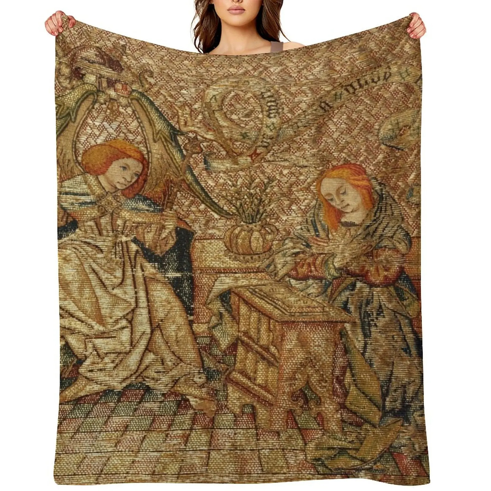 ANNUNCIATION ANTIQUE GOLD BLUE EMBROIDERY Archangel Gabriel and Virgin Mary Throw Blanket Quilt for winter anime Blankets