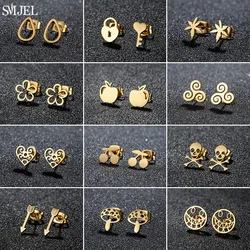 Korean Daisy Ear Studs for Women Small Cherry Mushroom Skull Lock Key Stainless Steel Earrings Piercing Body Jewelry Accessories