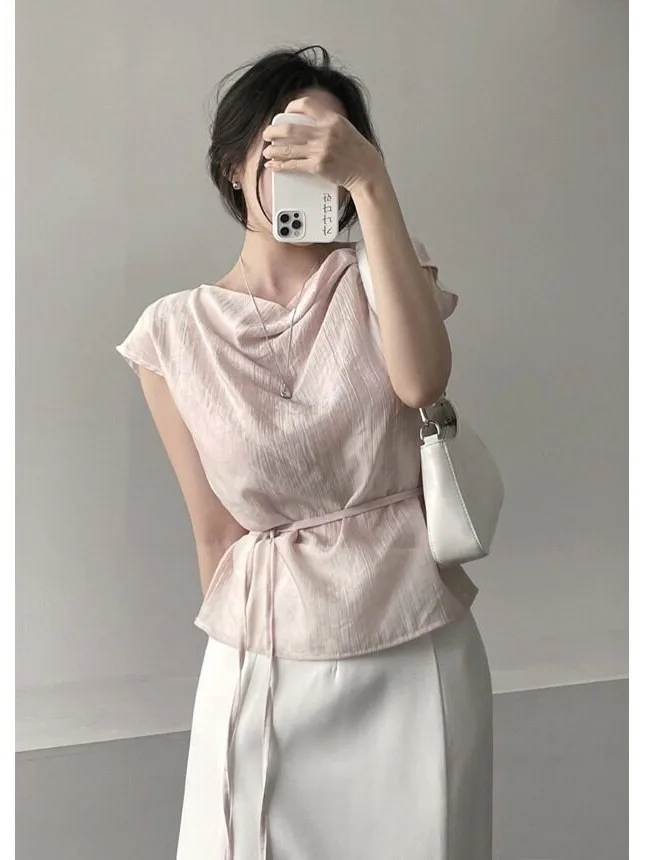 Chic Commute Shirt Women's Slim Fit Folded Sleeve Waist Cinched Neckline Bowtie Korean Style Spring Autumn Winter Top