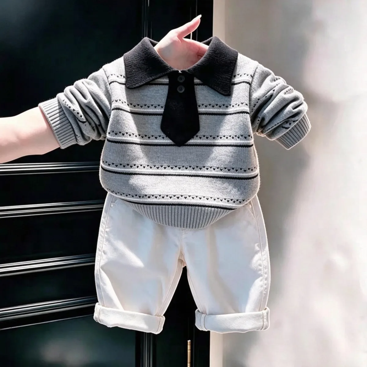 Boys Knit Polo Sweater Pants Set 2026 New Spring Autumn Children College Style Long Sleeve Top Trousers 2 Piece Suit 2