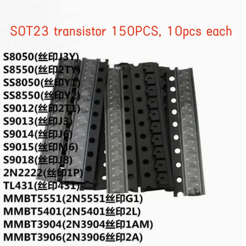 150 sztuk zestaw tranzystorów SOT-23 zestaw asortymentowy S9012-S9018 TL431 S8050 S8550 MMBT5551 15 rodzajów zestaw triod SMD SOT23 zestaw